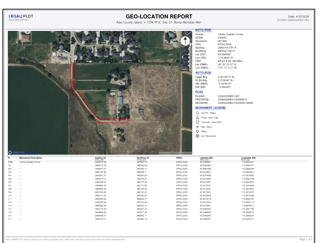 Geo-location report for an irregular parcel in Ada County, Idaho showing red boundary overlay on aerial imagery with coordinate table