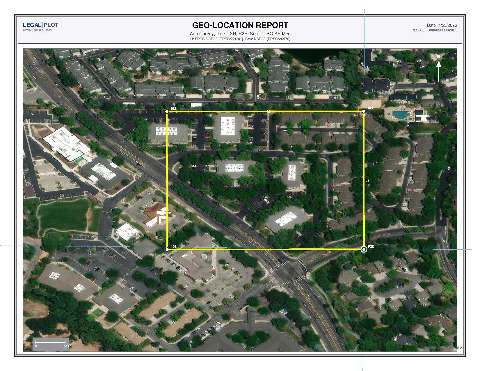 Geo-location report showing aerial imagery of a commercial parcel in Ada County, Idaho with property boundary overlay