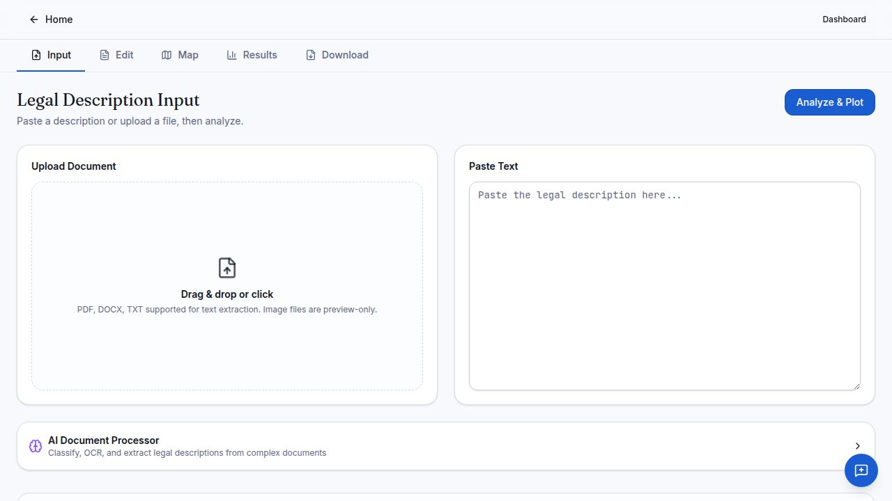 Workspace input screen showing document upload and text paste options