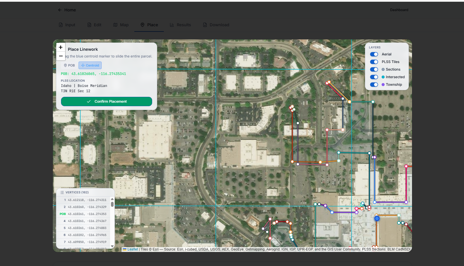 Workspace map view showing parcel linework placed on PLSS aerial imagery